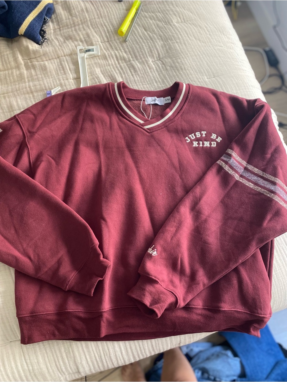 The Mayfair Group ‘Just Be Kind' Burgundy V-Neck Sweatshirt - Picture 3 of 6